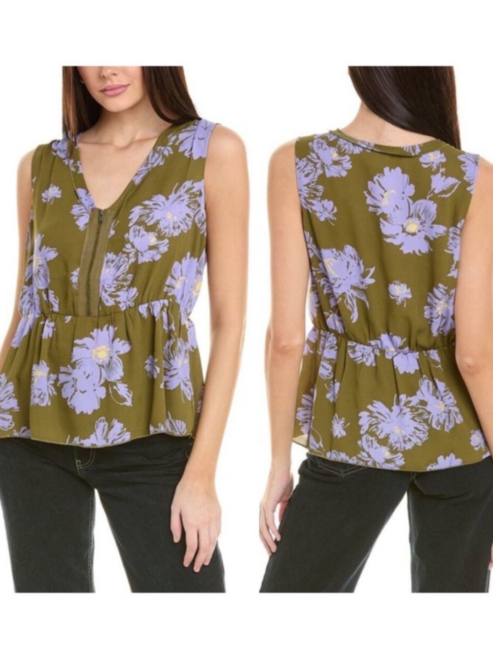 CAbi celebrity Olive Green and Purple Floral Blouse